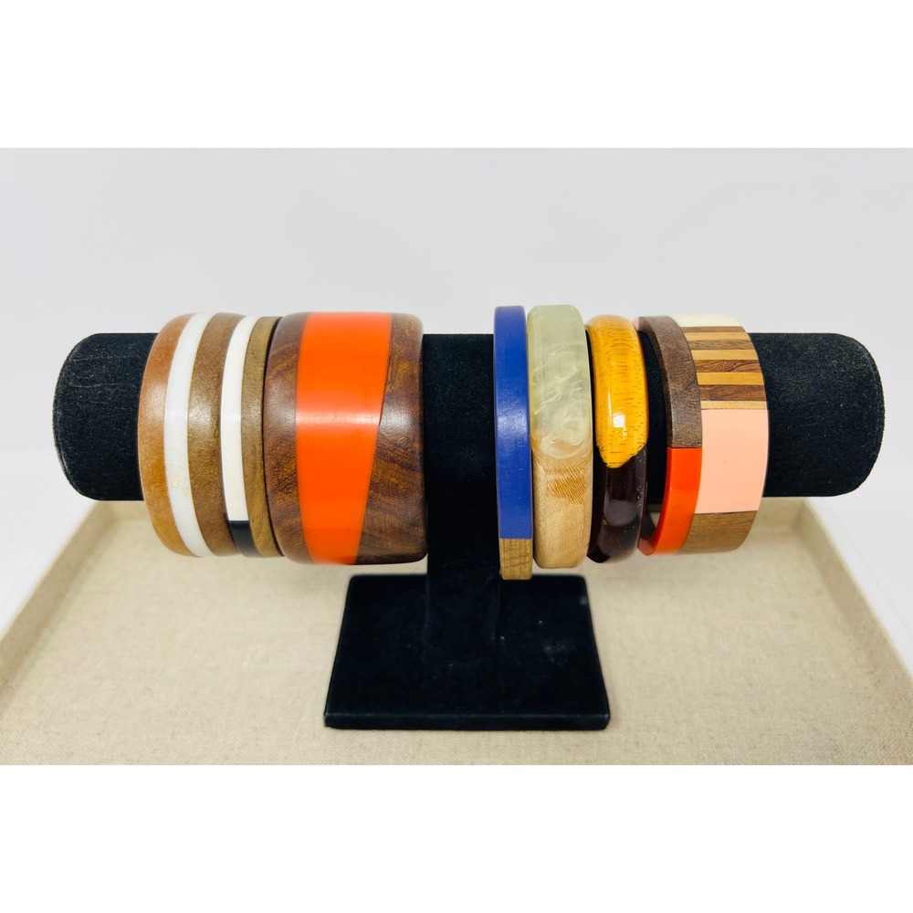 Vintage Style Wood and Resin Bangle Bracelet Set 7 Piece Mixed Media Boho Stack